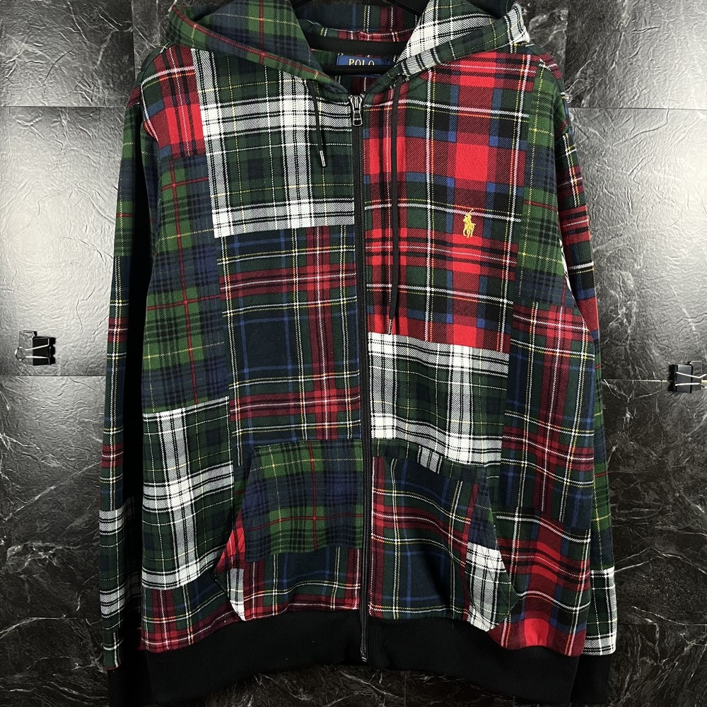 Polo Ralph Lauren Men's Patchwork Plaid Zip Fleece Hoodie XL